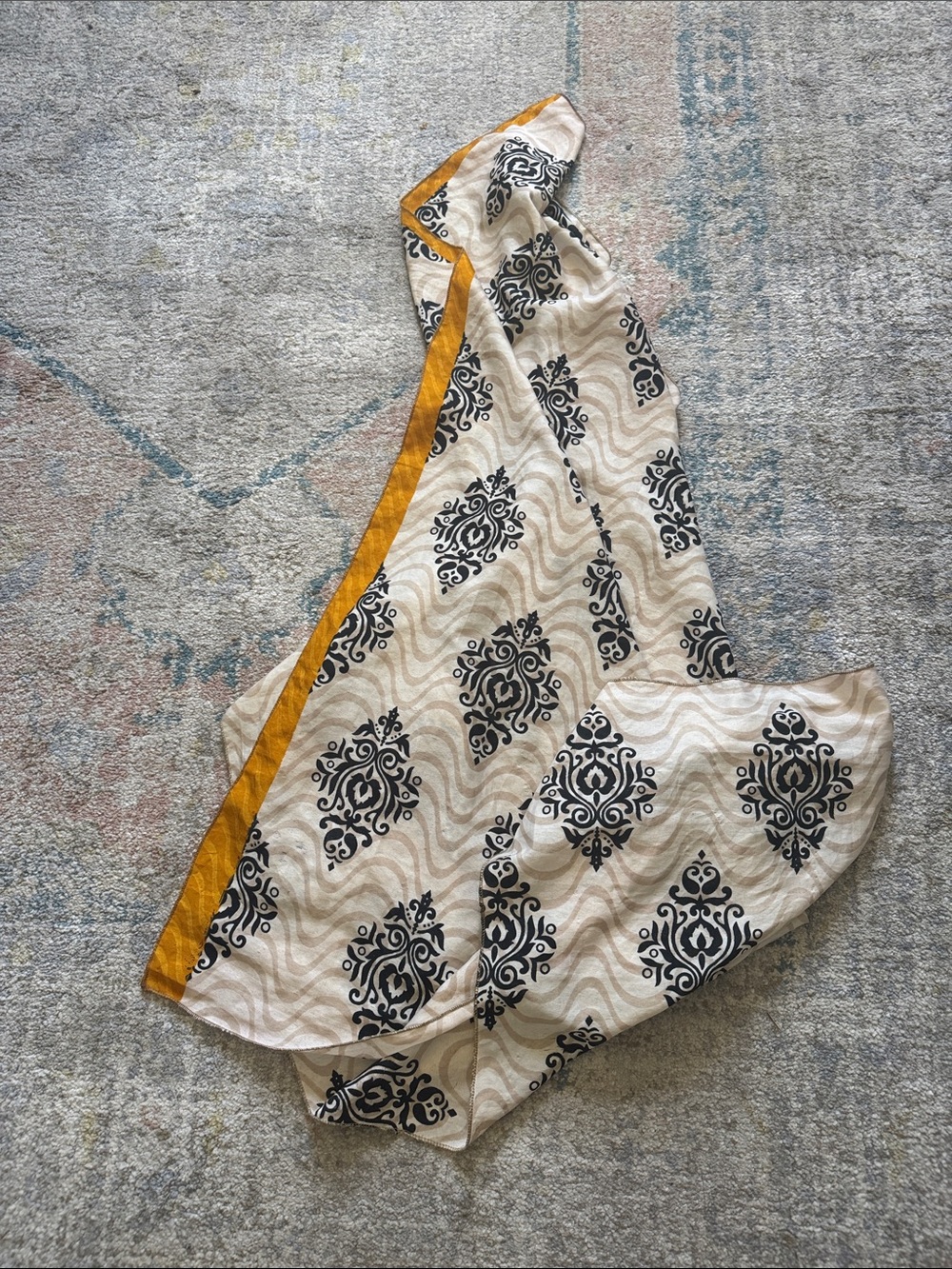 Cream and Black Printed Silk Scarf with Mustard Trim